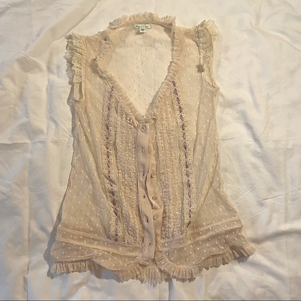 Kimchi Blue sheer cream and purple button up blouse